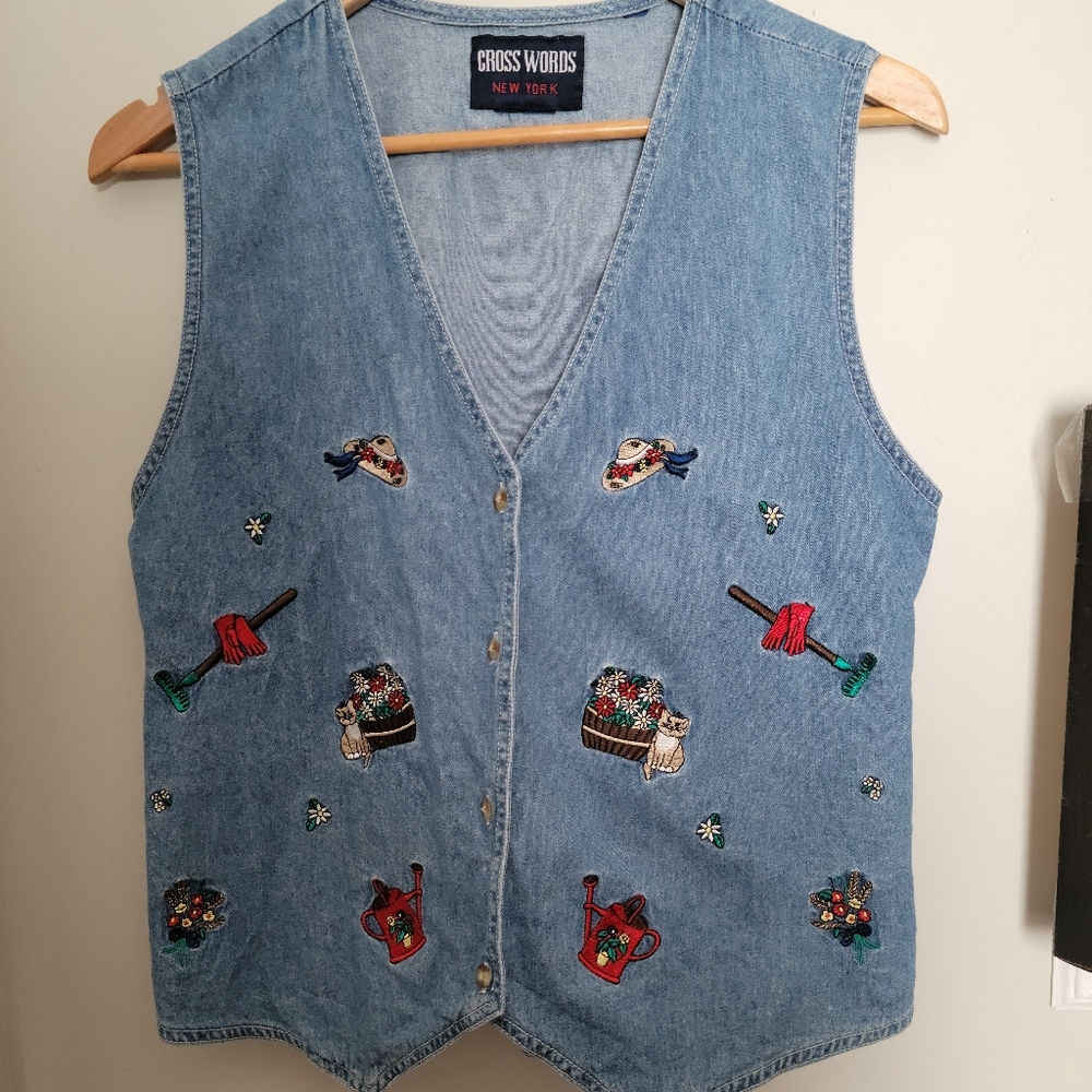Vintage Cross Words Embroidered Denim Garden Themed Vest